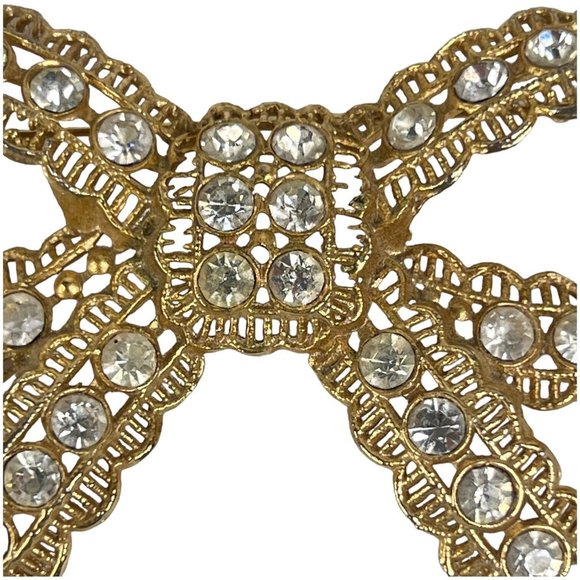 Vintage Large Clear Rhinestone Bow Brooch Gold Tone Pin 3 3/4 Inch L N - Picture 4 of 10